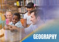 Geography text and Elementary school teacher with class Royalty Free Stock Photo