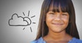 Girl against grey background smiling with fringe and sun behind cloud