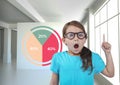 Girl surprised with colorful chart statistics pointing up Royalty Free Stock Photo