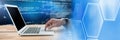 Hand using laptop and coding text with transition Royalty Free Stock Photo