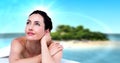 Happy spa woman relaxed with tropical paradise sea Royalty Free Stock Photo