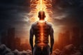 Digital composite of highlighted human body with lightning over city and sky background, Digital composite highlighting the spine