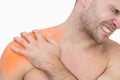 Digital composite of highlighted shoulder pain of man Royalty Free Stock Photo