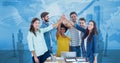Digital composite image of business people joining hands against graphs Royalty Free Stock Photo