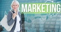 Digital composite image of businesswoman carrying shoulder bag standing by marketing text against nu Royalty Free Stock Photo