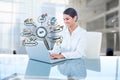 Digital composite image of businesswoman using laptop by SEO icons in office Royalty Free Stock Photo