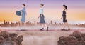 Digital composite image of businesswomen walking on rope during sunset Royalty Free Stock Photo