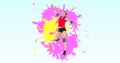 Digital composite image of caucasian female handball player throwing ball with colorful abstract Royalty Free Stock Photo