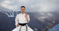 Digital composite image of caucasian female marital artist with black belt against winter landscape