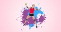 Digital composite image of caucasian female player throwing handball against pink background