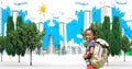 Digital composite image of child with backpack traveling in drawn city Royalty Free Stock Photo