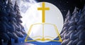 Digital composite image of christian cross on open bible against snow covered trees at night Royalty Free Stock Photo