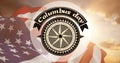 Digital composite image of columbus day with compass symbol over american flag and sky