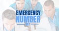 Digital composite image of emergency number day text with multiracial healthcare workers, patient