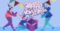 Digital composite image of friends holding large gift box with happy new year text and bunting