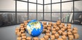 Composite image of digital composite image of globe amidst boxes Royalty Free Stock Photo