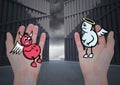 Digital composite image of hand holding devil and angel Royalty Free Stock Photo