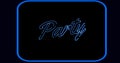 Digital composite image of illuminated neon party text in blue over black background Royalty Free Stock Photo