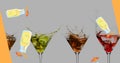 Digital composite image of liquor bottles falling over martini glasses with splashing cocktails