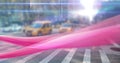 Digital composite image of pink digital wave and light spot against view of city traffic Royalty Free Stock Photo