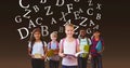 Digital composite image of school children with books against flying letters