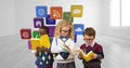 Digital composite image of school children reading books against application icons