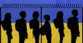 Digital composite image of silhouette children with backpacks standing by fence and ukrainian flag