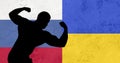 Digital composite image of silhouette man flexing muscles over russian and ukrainian flags