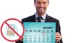 Digital composite image of smiling businessman holding calendar with no drinking symbol Royalty Free Stock Photo
