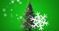 Digital composite image of snowflakes and christmas tree against green background with copy space Royalty Free Stock Photo