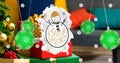 Digital composite image of snowman with season\'s greetings text over christmas gifts and baubles Royalty Free Stock Photo