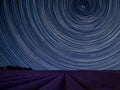 Digital composite image of star trails around Polaris with Vibrant landscape of beautiful lavender field Royalty Free Stock Photo