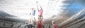 Digital composite image of team of rugby players jumping to catch the ball in a line out in sports s Royalty Free Stock Photo