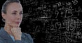 Digital composite image of thoughtful businesswoman with math equations on blackboard