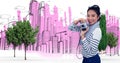 Digital composite image of woman holding camera against buildings Royalty Free Stock Photo