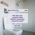 Digital composite image of world toilet day text with question by commode in bathroom, copy space