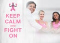 Keep calm and fight on text with breast cancer awareness women putting hands together Royalty Free Stock Photo