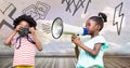 kids holding megaphone and camera with cloudy room background and drawings Royalty Free Stock Photo