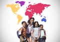 Kids with teacher in front of colorful world map Royalty Free Stock Photo