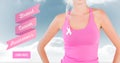 Learn more button with Text of Breast cancer awareness woman with sky clouds background