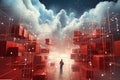 Digital composite of Man in front of boxes with network against blue sky, Datos en la nube y red.Concepto de ciencia y Royalty Free Stock Photo