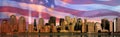 Digital composite: Manhattan skyline, World Trade Center Light Memorial, American flag