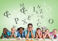 Many letters around Multicultural Kids reading with teacher Royalty Free Stock Photo