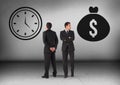 Money bag and clock time with Businessman looking in opposite directions Royalty Free Stock Photo