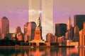 Digital composite: New York skyline, World Trade Center, Statue of Liberty
