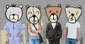 People with bear animal head faces in city