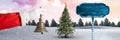 Santa holding bell and Wooden signpost in Christmas Winter landscape with Christmas tree Royalty Free Stock Photo