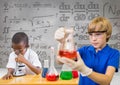 Science kids with blank grey background with science equations graphics