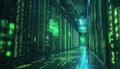 Digital Composite Showing Binary Codes Falling Over Server Racks In Data Center Royalty Free Stock Photo