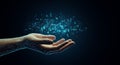 A digital composite shows an outstretched human hand with a glowing network of